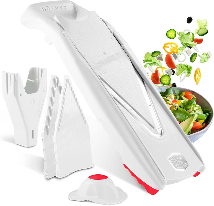 Cepillo de verduras Börner V1 ClassicLine Juego básico (4 piezas) • Cepillo en V clásico + Portafrutas + discos e inserto de seguridad • Rallador de verduras para rodajas (BE) 