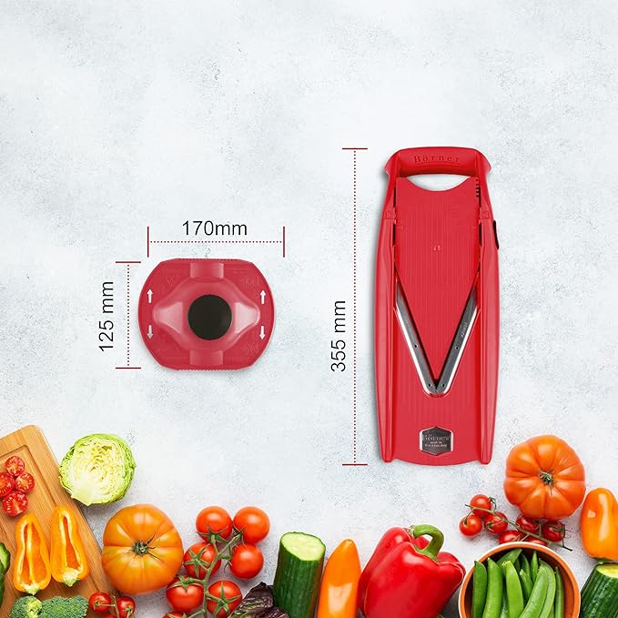 Cepillo de verduras Börner V1 ClassicLine Juego básico (4 piezas) • Cepillo en V clásico + Portafrutas + discos e inserto de seguridad • Rallador de verduras para rodajas (BE) 