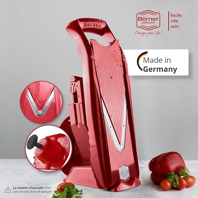 Cepillo de verduras Börner V1 ClassicLine Juego básico (4 piezas) • Cepillo en V clásico + Portafrutas + discos e inserto de seguridad • Rallador de verduras para rodajas (BE) 