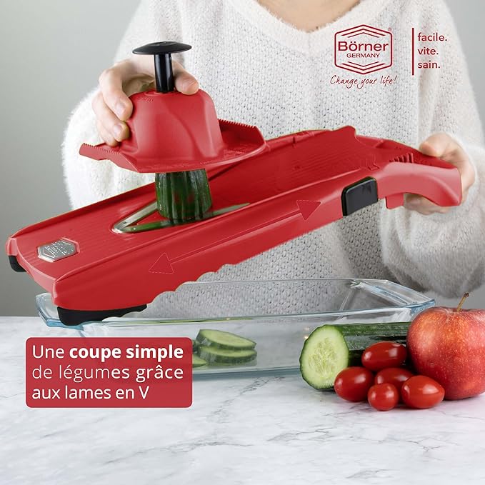 Cepillo de verduras Börner V1 ClassicLine Juego básico (4 piezas) • Cepillo en V clásico + Portafrutas + discos e inserto de seguridad • Rallador de verduras para rodajas (BE) 