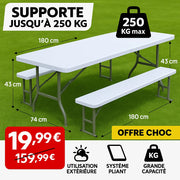 Jardin Pro™ – Table + 2 Bancs Pliables 180 cm