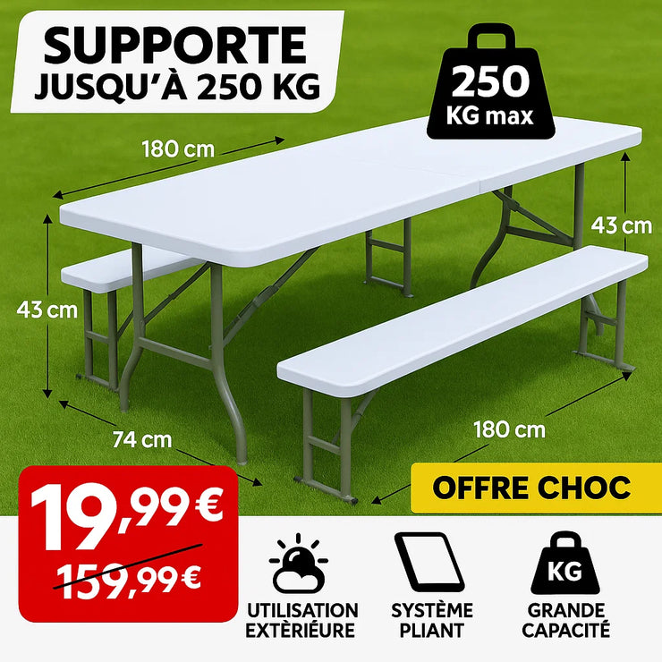 Jardin Pro™ – Table + 2 Bancs Pliables 180 cm
